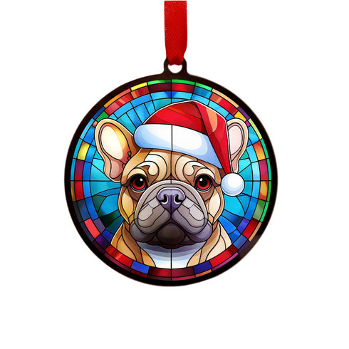 French Bulldog Tan in Santa Hat Suncatcher Decoration